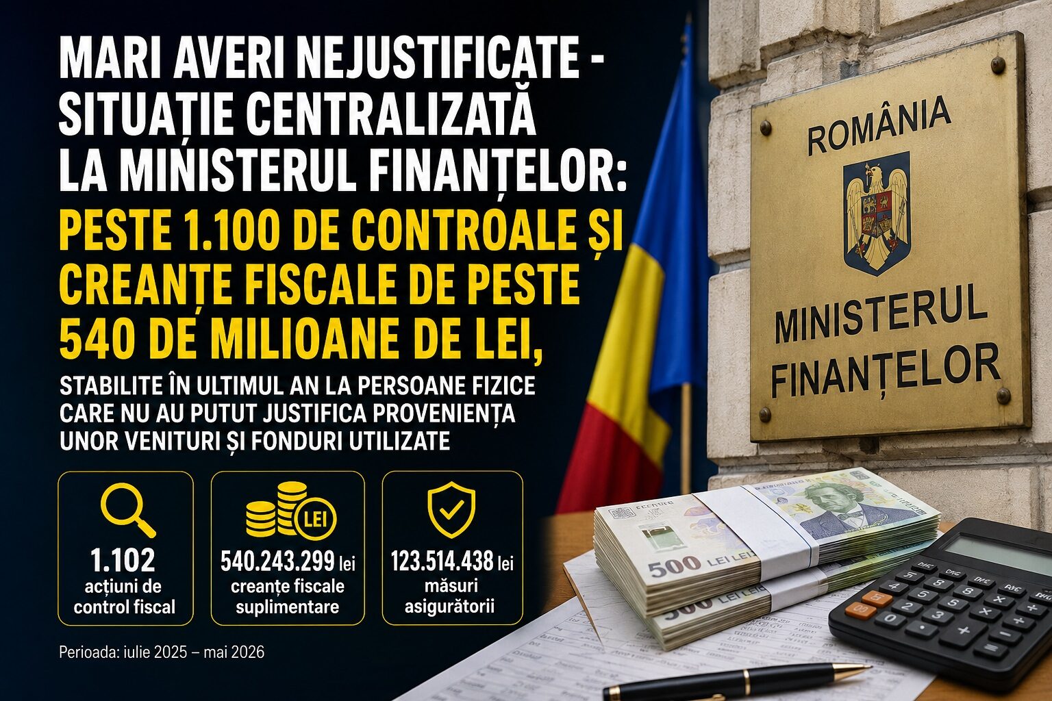 AVERI LA CONTROL: ANAF a descoperit peste 540 de milioane de lei nejustificați. Peste 1.100 de persoane verificate într-un singur an