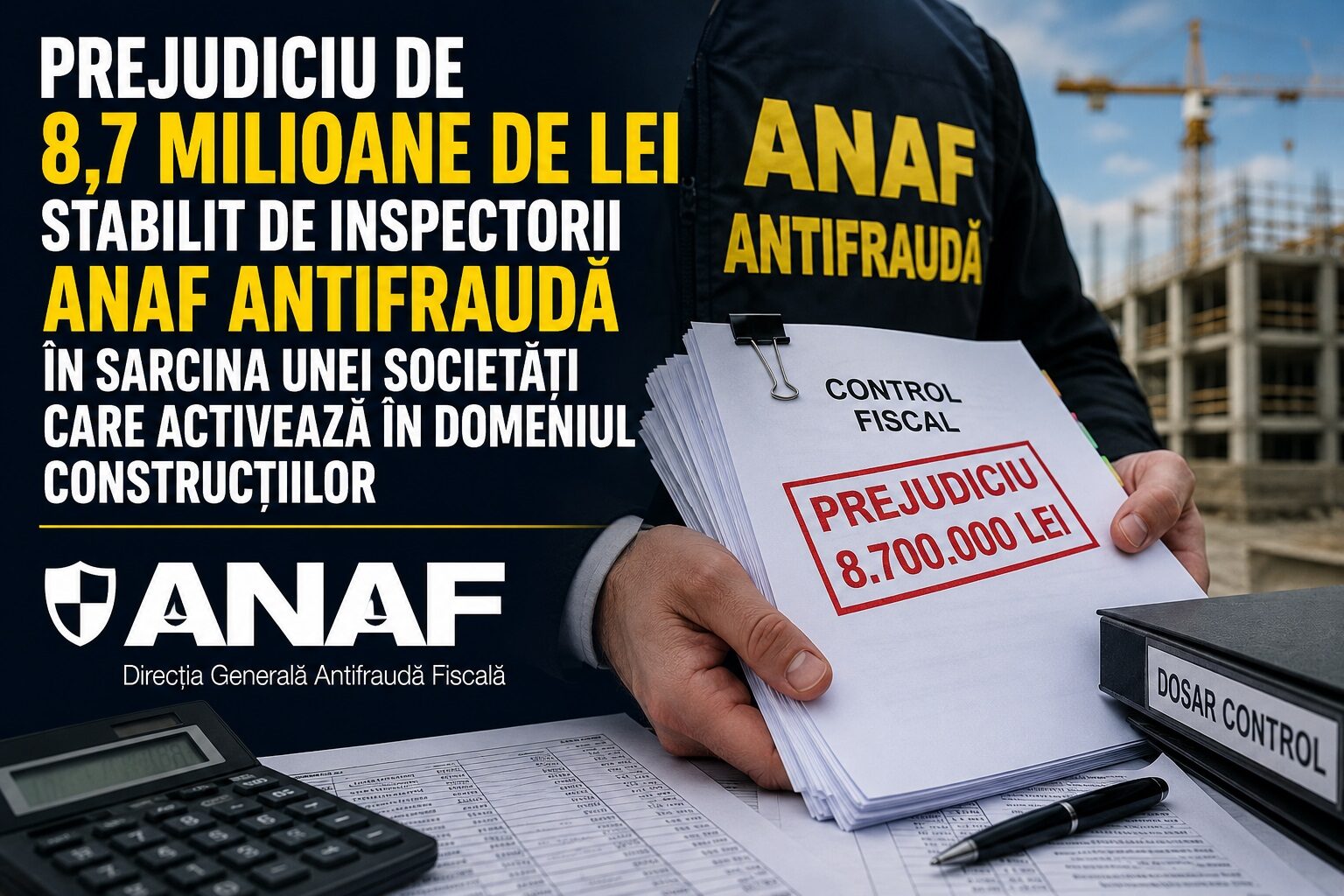 SCHEMĂ DE FRAUDĂ ÎN CONSTRUCȚII: ANAF a descoperit un prejudiciu de 8,7 milioane de lei. Facturi de 27 de milioane emise prin firme-fantomă