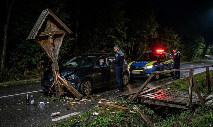 Accident la Berbești: un tânăr fără permis și aflat sub influența alcoolului a intrat cu mașina într-o troiță și un podeț