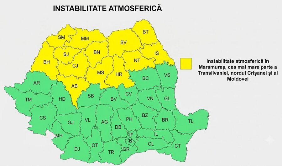 Cod galben de instabilitate atmosferică în Maramureș. Sunt așteptate ploi torențiale, vijelii și grindină