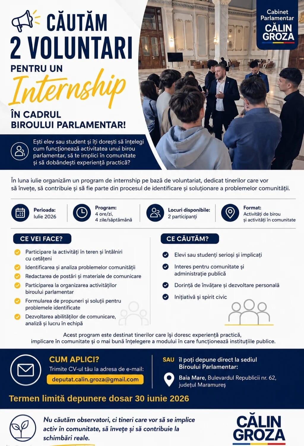 Deputatul Călin Groza oferă două locuri de internship pentru elevi și studenți din Maramureș