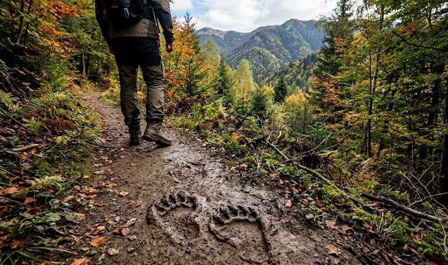 Urme proaspete de urs observate pe un traseu turistic din zona Cavnic. Jandarmii montani fac apel la prudență