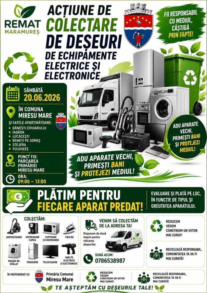 Primăria Mireșu Mare : locuitorii  invitați să predea deșeurile electrice și electronice în cadrul unei campanii de colectare