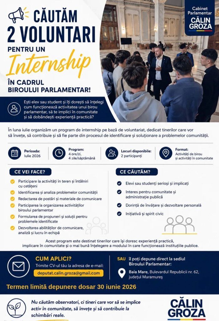 Deputatul Călin Groza lansează un program de internship pentru elevi și studenți în cadrul biroului parlamentar