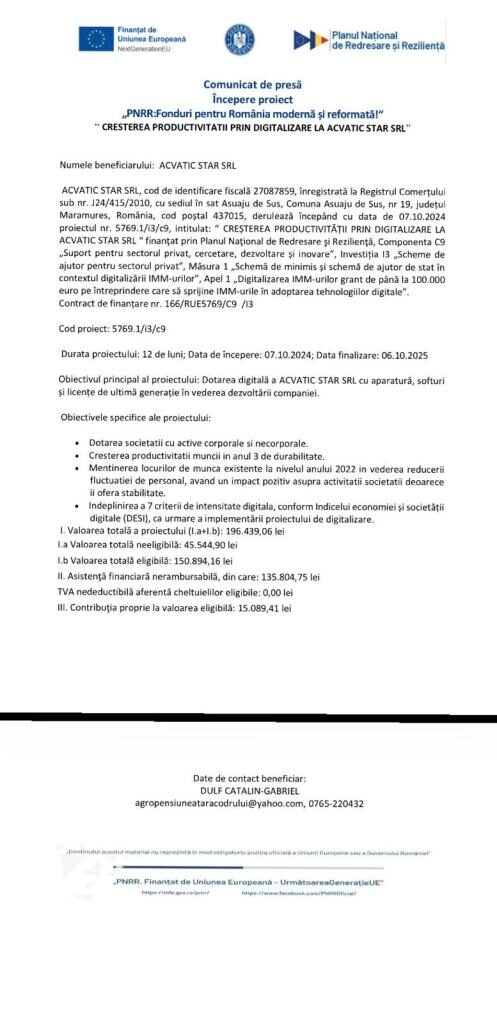 Începere proiect „PNRR: Fonduri pentru România modernă și reformată!”„CREȘTEREA PRODUCTIVITĂȚII PRIN DIGITALIZARE LA ACVATIC STAR SRL”