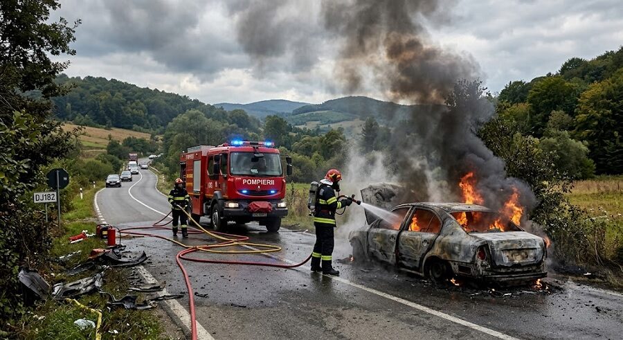 Incendiu auto pe DJ182C, între Coaș și Copalnic-Mănăștur. Intervine ISU Maramureș