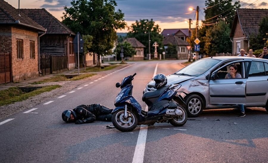 Accident grav în Oncești: un scuterist, găsit inconștient după impactul cu un autoturism