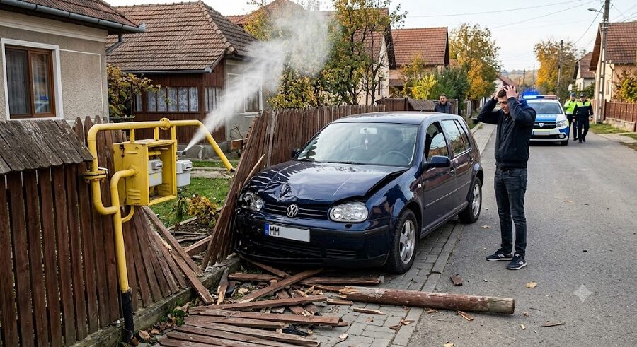 Accident pe strada Lucian Blaga din Sighetu Marmației: Un șofer de 23 de ani a pus la pământ un gard și a lovit o țeavă de gaz din cauza neatenției