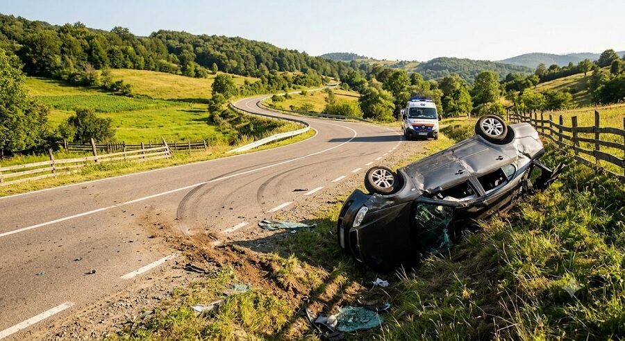 Accident rutier între Crăciunești și Rona de Jos: Un bărbat de 74 de ani a ajuns la spital după ce s-a răsturnat cu mașina în șanț