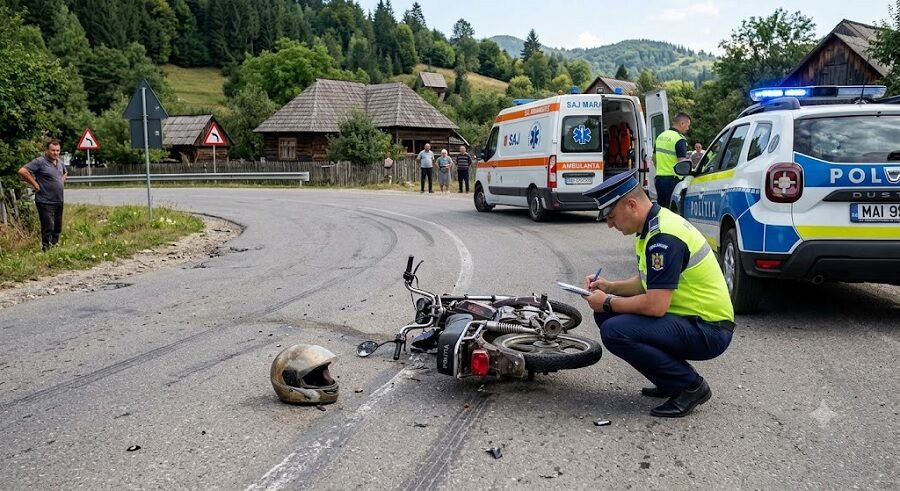 Accident la Botiza: Un septuagenar a ajuns la spital după ce a căzut cu mopedul într-o curbă. Polițiștii au descoperit că vehiculul nu era înmatriculat