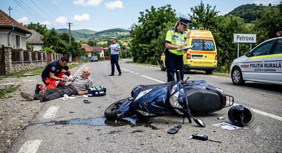 Accident grav în Petrova: Un bărbat de 73 de ani, beat criță și fără permis, s-a prăbușit cu un scuter neînmatriculat