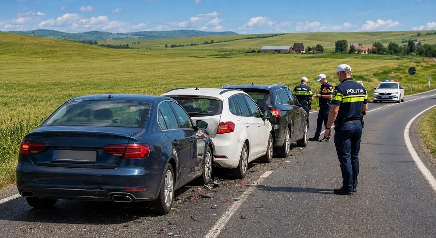 Carambol cu trei mașini pe panta de la Satulung, în zona Reyna. Traficul a fost îngreunat